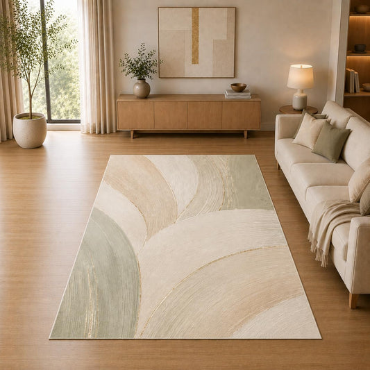 ICE ARMOR 5' x 7' Abstract Curved Brushstroke Area Rug for Living Room, Soft Low Pile Indoor Rug with Non-Slip Silicone Backing, Decorative Carpet for Bedroom, Office, Family Room, Sage Green