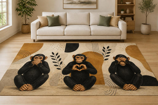 ICE ARMOR "Ultra Lightweight Large 6'7" x 9'10" Wise Monkey Gestures Area Rug for Living Room, Bedroom and Home Office, Soft Low Pile Carpet with Non-Slip Silicone Backing, Black and Beige