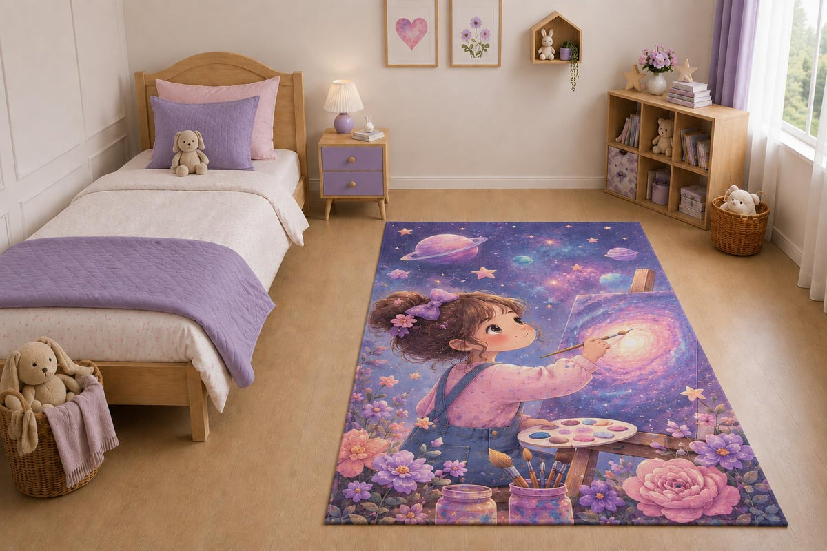 ICE ARMOR "Ultra Light Weight 5' x 7' Galaxy Painter Girl Area Rug for Living Room, Bedroom and Home Office, Soft Low Pile Carpet with Non-Slip Silicone Backing, Purple and Pink