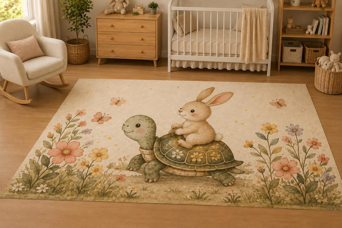 ICE ARMOR 5' x 7' Bunny Riding Turtle Floral Area Rug for Nursery, Soft Low Pile Indoor Rug with Non-Slip Silicone Backing, Kids Room, Playroom, Kids & Pets, Beige Green