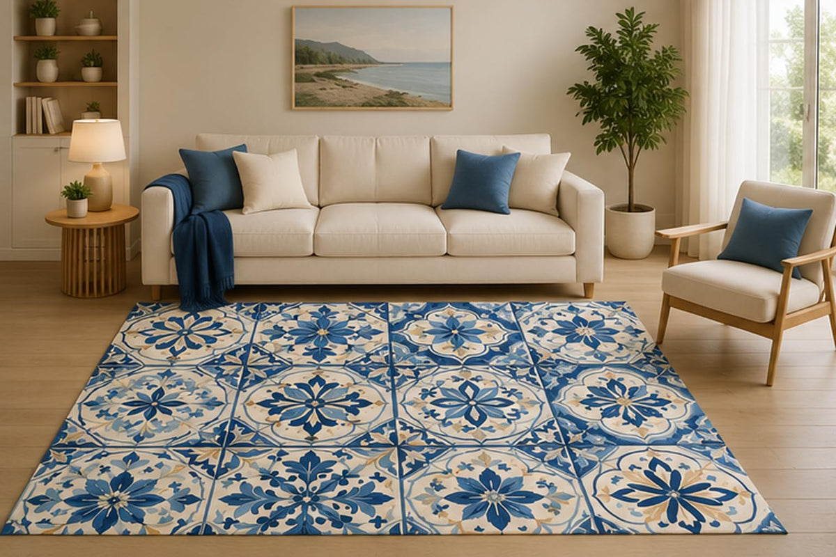ICE ARMOR 5' x 7' Blue Mosaic Tile Area Rug, Mediterranean Ceramic Floral Pattern Design for Bedroom Living Room Kitchen, Non-Slip Silicone Backing, Low Pile Carpet