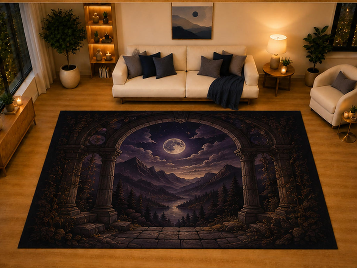 ICE ARMOR "Ultra Light Weight Large 6'7" x 9'10" Moonlit Mountain Archway Area Rug for Living Room Bedroom, Soft Low Pile Non-Slip Backing, Purple Black Gothic Fantasy Decor