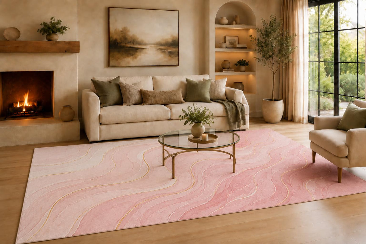 ICE ARMOR Large 6'7" x 9'10" Rose Pink and Cream Layered Marble Flow Area Rug for Living Room, Soft Low Pile Carpet with Non-Slip Backing for Bedroom, Dining Room and Office