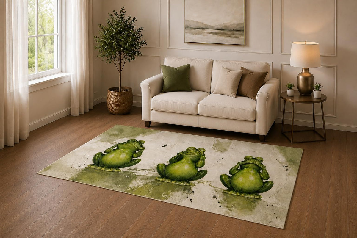ICE ARMOR "Ultra Light Weight 5' x 7' Meditating Frog Trio Area Rug for Living Room, Bedroom and Home Office, Soft Low Pile Carpet with Non-Slip Silicone Backing, Green and Beige