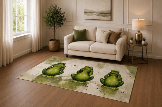 ICE ARMOR "Ultra Light Weight 5' x 7' Meditating Frog Trio Area Rug for Living Room, Bedroom and Home Office, Soft Low Pile Carpet with Non-Slip Silicone Backing, Green and Beige