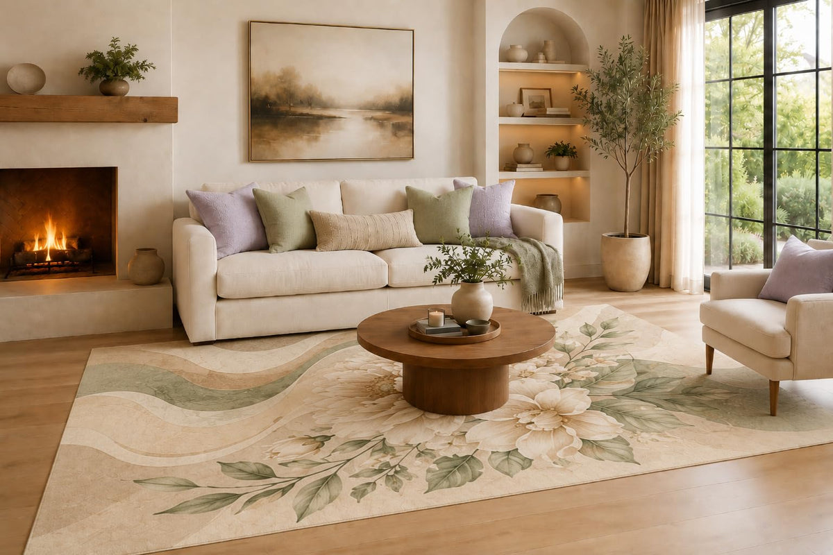 ICE ARMOR Large 6'7" x 9'10" Lavender and Sage Green Wavy Garden Floral Area Rug for Living Room, Soft Low Pile Carpet with Non-Slip Silicone Backing, Decor for Bedroom, Dining Area and Home Office