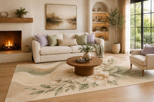 ICE ARMOR Large 6'7" x 9'10" Lavender and Sage Green Wavy Garden Floral Area Rug for Living Room, Soft Low Pile Carpet with Non-Slip Silicone Backing, Decor for Bedroom, Dining Area and Home Office