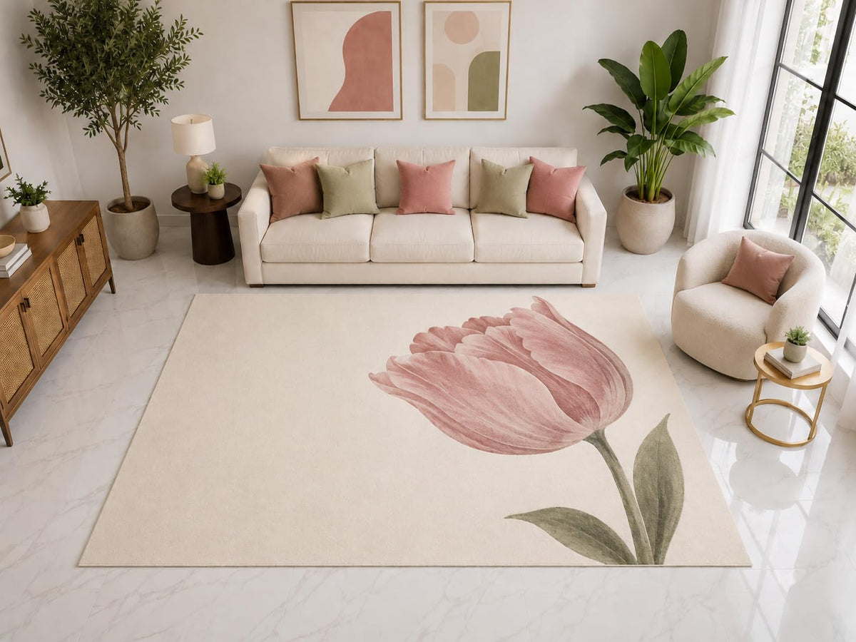 ICE ARMOR "Ultra Light Weight Large 6'7" x 9'10" Pink Tulip Leaf Rug, Soft Low Pile Indoor Rug, Non-Slip Silicone Backing for Bedroom Pink
