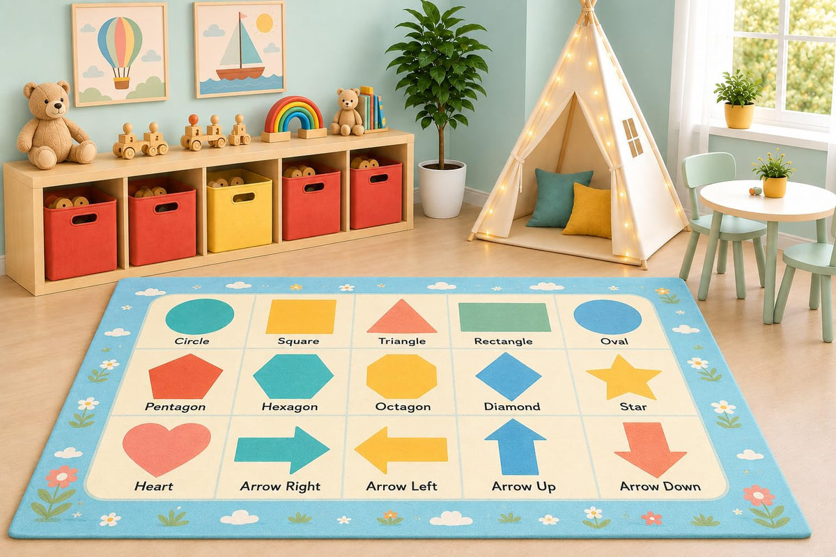 ICE ARMOR 5' x 7' Educational Shapes Area Rug, Circle Square Triangle Rectangle Star Learning Play Mat for Kids Bedroom Nursery Classroom Playroom, Non-Slip Silicone Backing Low Pile