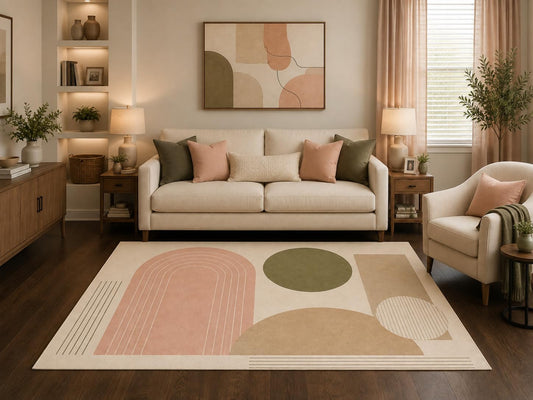 ICE ARMOR 5' x 7' Modern Geometric Area Rug Scandinavian Arch Circle Abstract Neutral Boho Living Room Bedroom Home Office Non-Slip Silicone Backing Low Pile