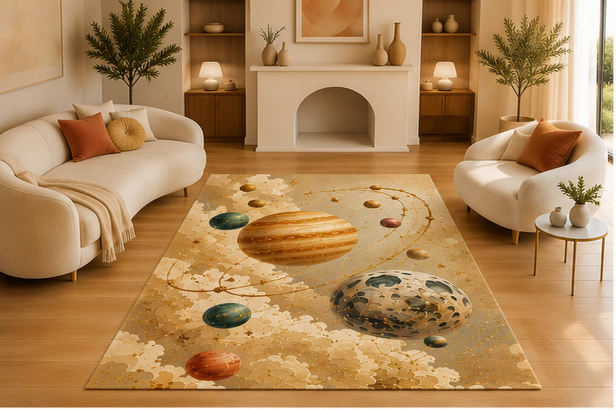 ICE ARMOR 5' x 7' Solar System Space Planets Area Rug, Soft Low Pile Indoor Rug with Non-Slip Silicone Backing, Decorative Carpet for Living Room, Bedroom, Kids Room, Cream