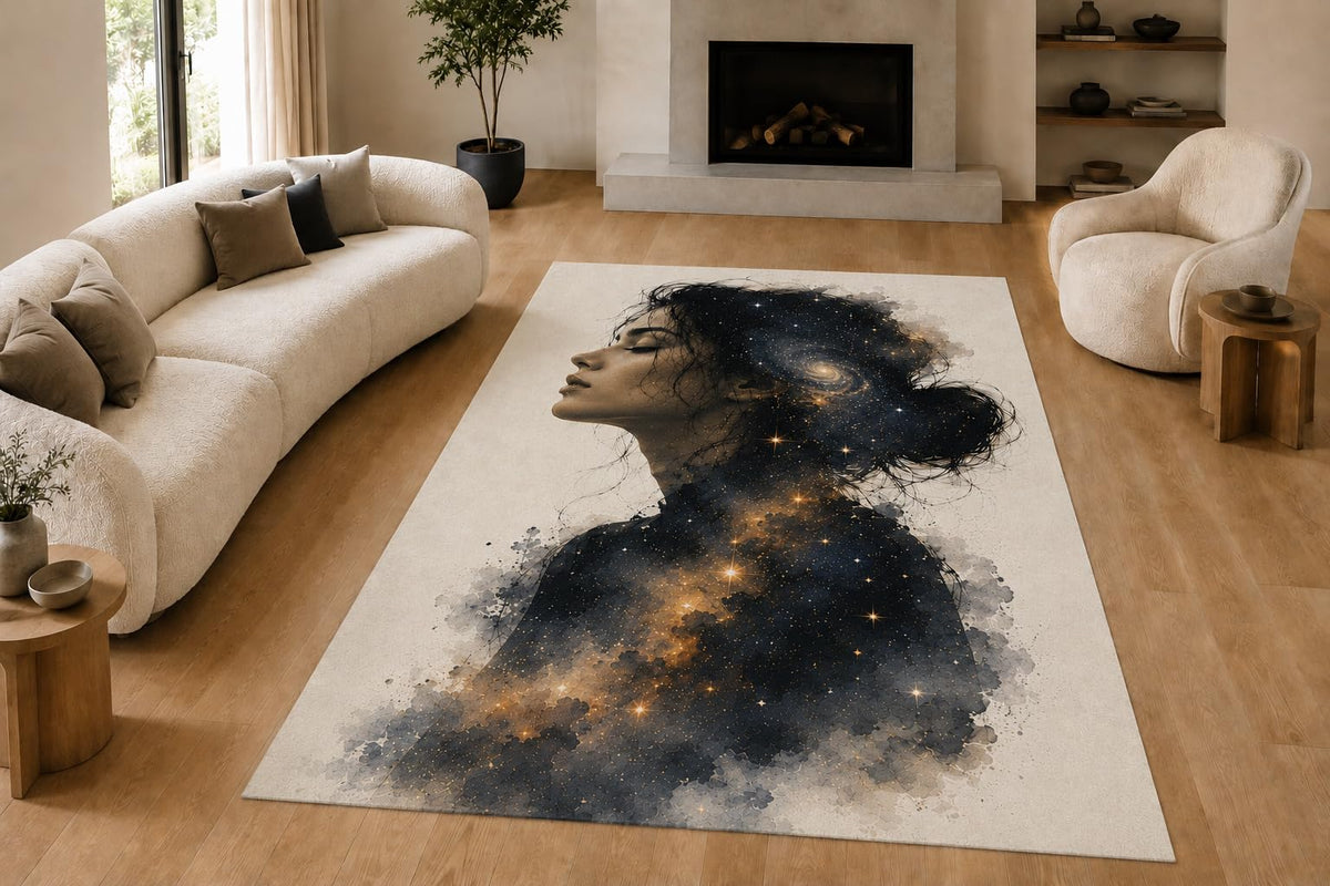 ICE ARMOR "Ultra Lightweight Large 6'7" x 9'10" Cosmic Woman Area Rug for Living Room, Bedroom and Home Office, Soft Low Pile Carpet with Non-Slip Silicone Backing, Navy and Cream