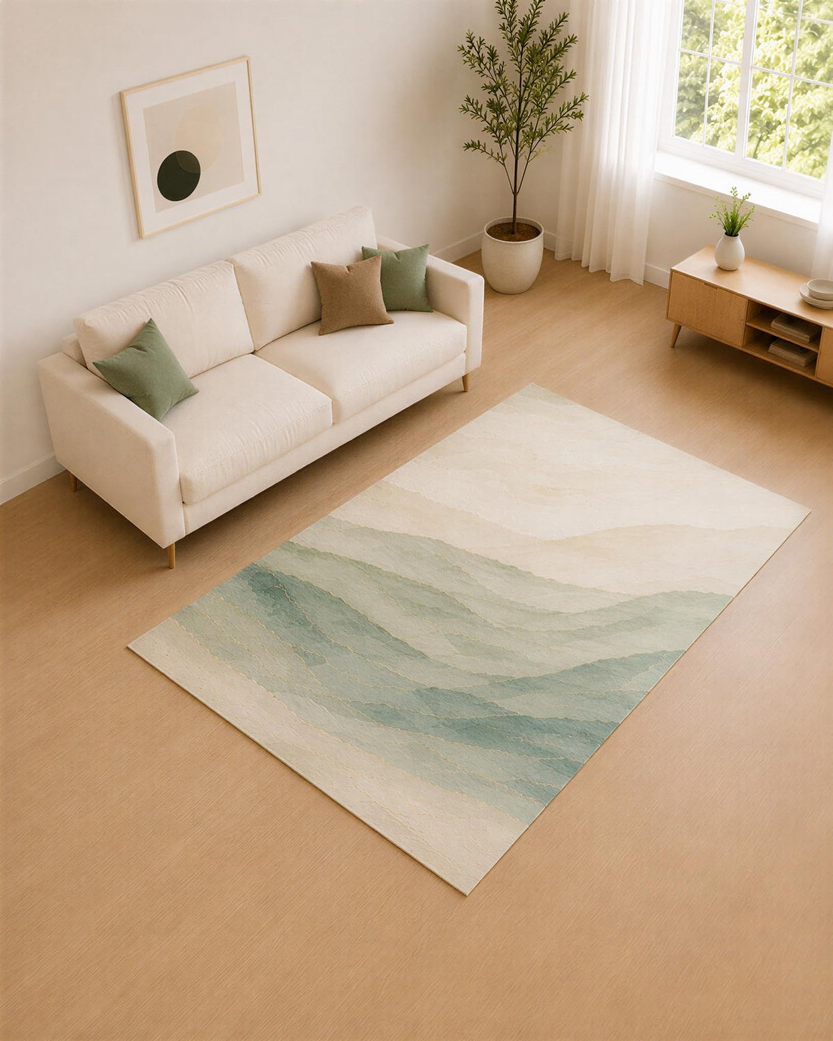 ICE ARMOR 5' x 7' Sage Green and Ivory Coastal Layers Area Rug for Living Room, Soft Low Pile Carpet with Non-Slip Silicone Backing, Decor for Bedroom and Home Office