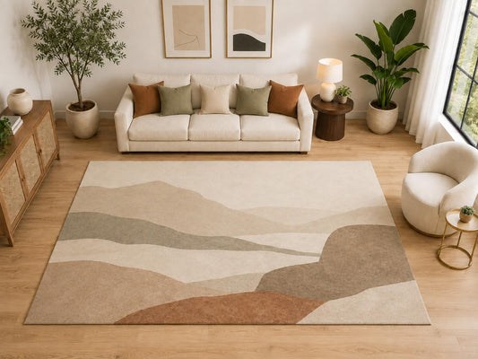 ICE ARMOR "Ultra Light Weight Large 6'7" x 9'10" Abstract Desert Hills Area Rug, Soft Low Pile Indoor Rug and Non-Slip Silicone Backing for Living Room Bedroom, Beige
