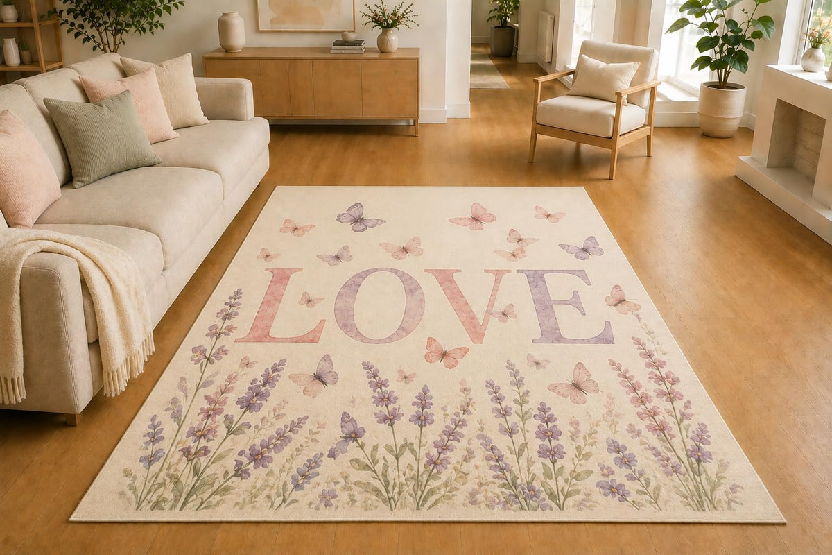 ICE ARMOR 5' x 7' Lavender Butterfly Love Area Rug, Soft Low Pile Indoor Rug with Non-Slip Silicone Backing for Living Room, Bedroom, Nursery, Kids Room, Kids & Pets, Cream Lavender Pink