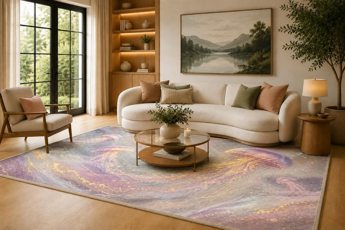ICE ARMOR 6'7" x 9'10" Lavender and Dreamy Jellyfish Ocean Area Rug for Living Room, Soft Low Pile Carpet with Non-Slip Silicone Backing, Floor Decor for Bedroom, Dining Room and Home Office