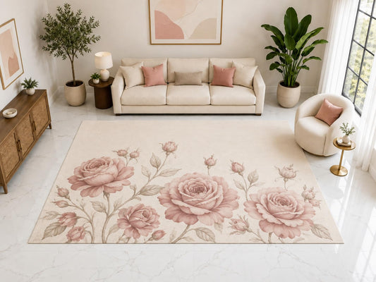 ICE ARMOR "Ultra Light Weight Large 6'7" x 9'10" Vintage Rose Garden Rug, Soft Low Pile Indoor Rug, Non-Slip Silicone Backing for Bedroom Pink Cream