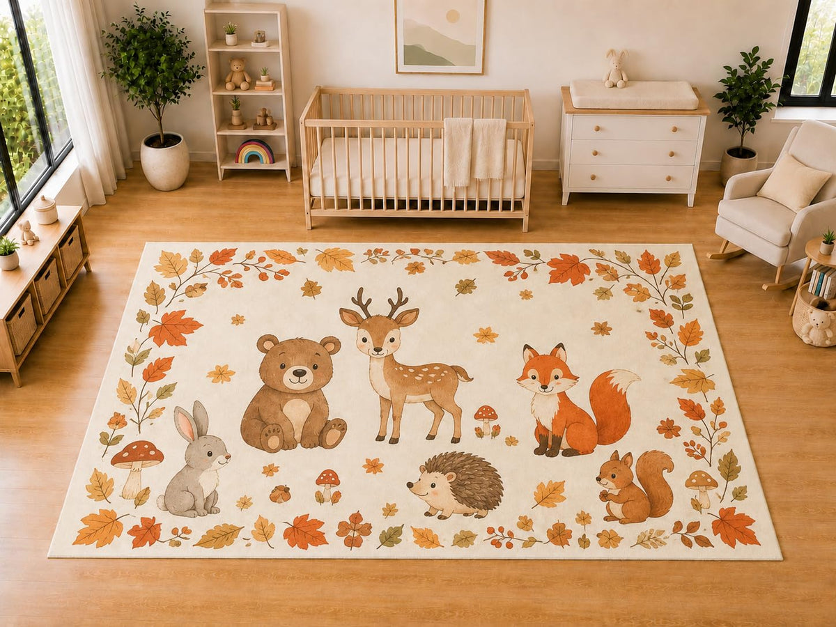 ICE ARMOR "Ultra Light Weight Large 6'7 x 9'10 Autumn Woodland Animals Area Rug for Kids Room Nursery Playroom Soft Low Pile Indoor Carpet Cute Forest Floor Decor