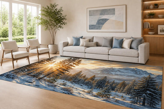 ICE ARMOR Large 6'7" x 9'10" Blue and Golden Color Winter Sunrise Area Rug for Living Room, Soft Low Pile Carpet with Non-Slip Silicone Backing, Decor for Bedroom Dining Room and Home Office
