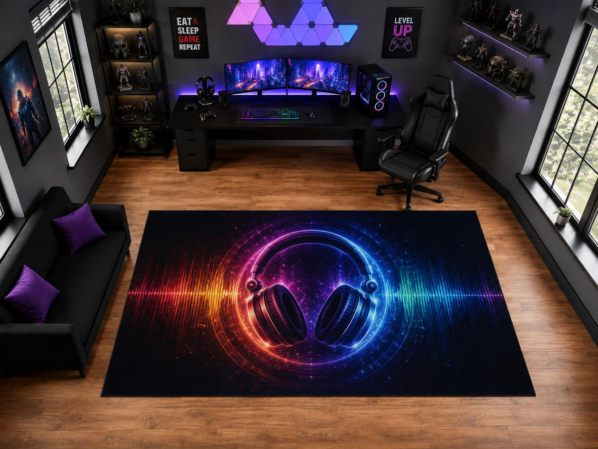 ICE ARMOR "Ultra Light Weight Large 6'7" x 9'10" Neon Gaming Headphones Soundwave Area Rug for Playroom Decor, Soft Low Pile Indoor Rug with Non-Slip Silicone Backing, Black Blue Orange