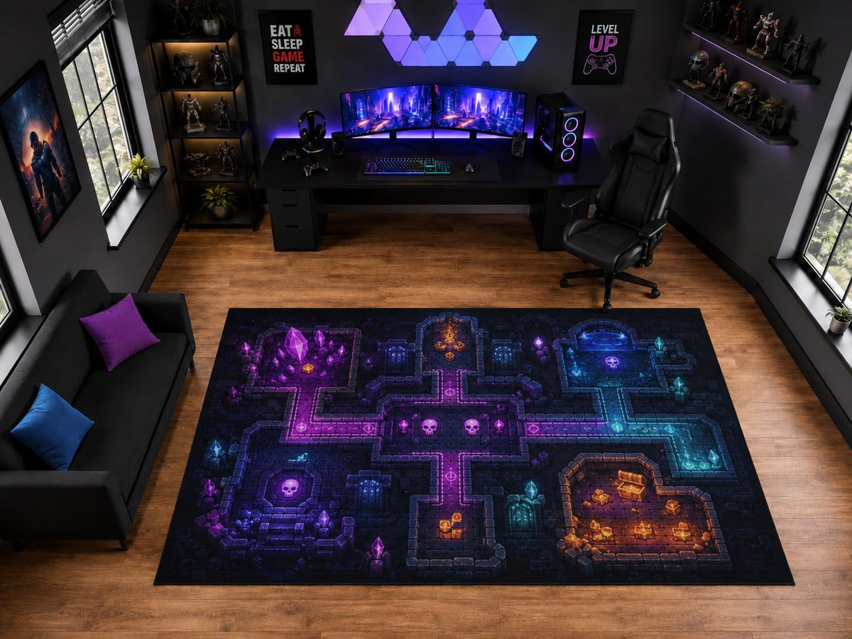 ICE ARMOR "Ultra Light Weight Large 6'7" x 9'10" Pixel Dungeon Map and Treasure Area Rug for Gaming Room Decor, Soft Low Pile Indoor Rug with Non-Slip Silicone Backing, Purple Blue Orange