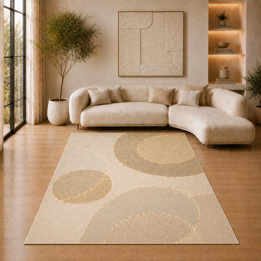 ICE ARMOR 5' x 7' Modern Circle Geometric Area Rug for Living Room, Soft Low Pile Indoor Rug with Non-Slip Silicone Backing, Decorative Carpet for Bedroom, Office, Family Room, Beige