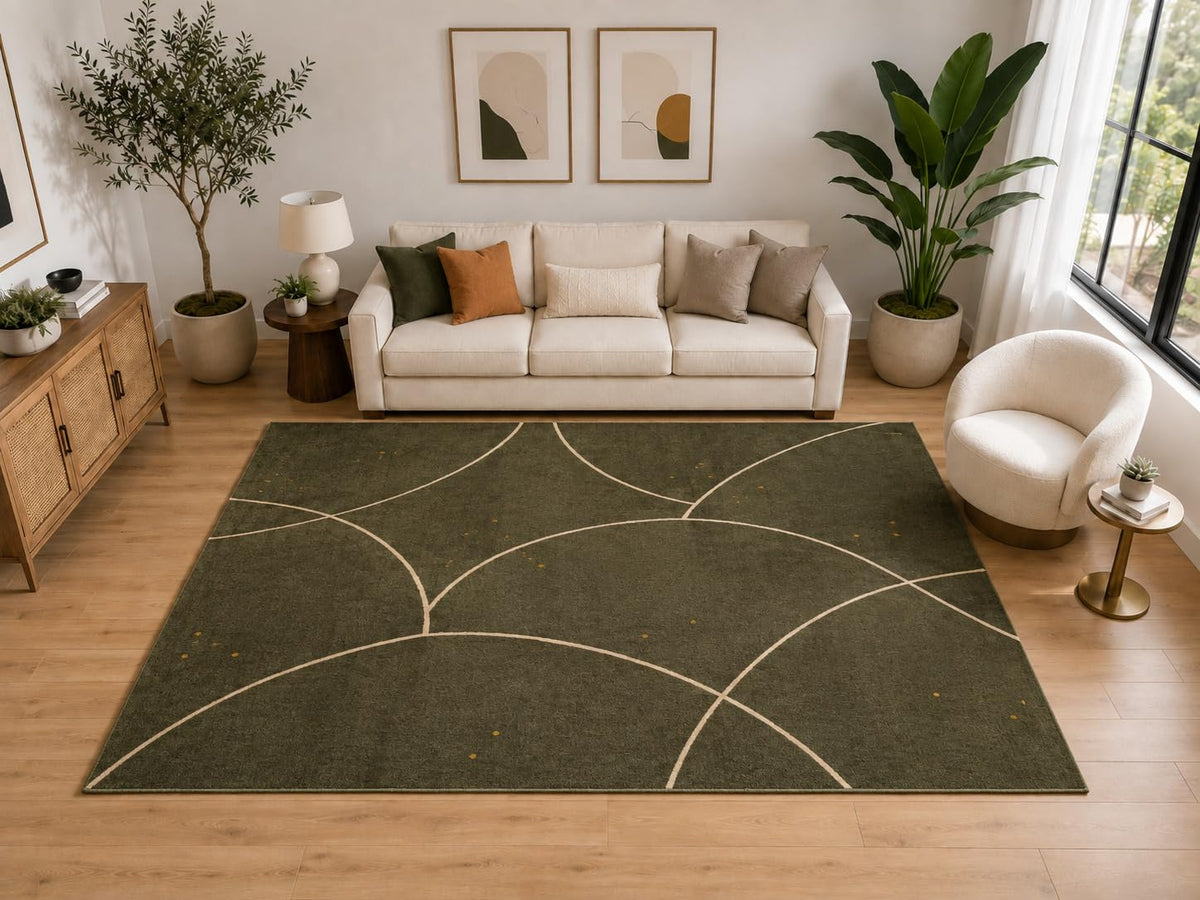ICE ARMOR Large 6'7" x 9'10" Abstract Overlapping Arc Area Rug for for Bedroom, Living Room, Soft Low Pile Indoor Rug with Non-Slip Silicone Backing, Olive Beige Golden