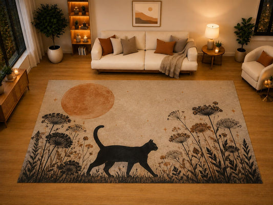 ICE ARMOR "Ultra Light Weight Large 6'7" x 9'10" Black Cat Wildflower Full Moon Area Rug for Living Room Bedroom, Soft Low Pile Non-Slip Backing, Beige Black Vintage Gothic Decor