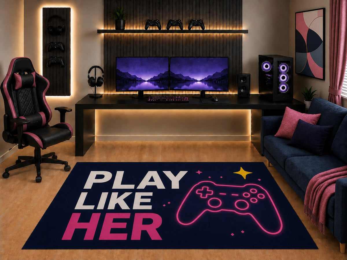 ICE ARMOR "Ultra Light Weight 5' x 7' Play Like Her Gaming Area Rug Pink Neon Controller Graphic for Girls Teen Bedroom Gaming Room Playroom Non-Slip Silicone Backing Low Pile