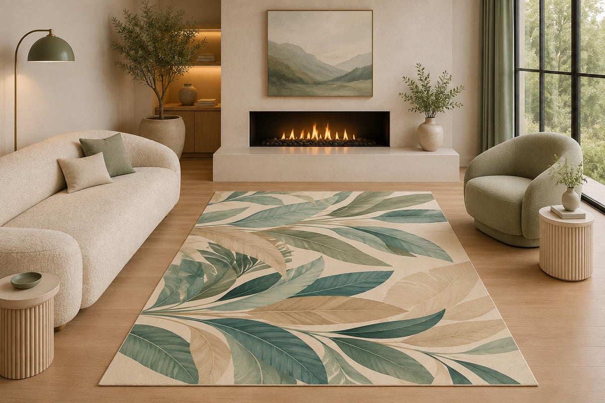 ICE ARMOR 5' x 7' Tropical Palm Leaf Area Rug Coastal Botanical Green Beige Modern Living Room Bedroom Dining Room Home Decor Non-Slip Silicone Backing Low Pile