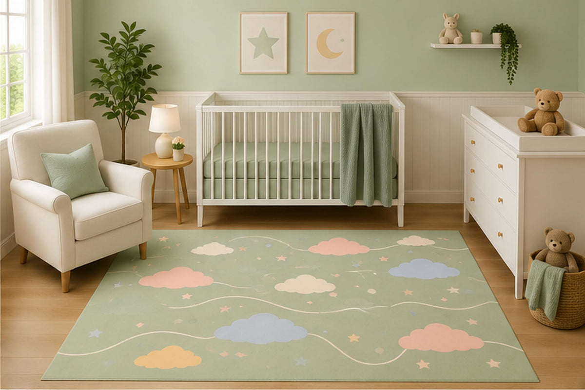 ICE ARMOR 5' x 7' Minimalist Pastel Cloud Area Rug for Nursery Room, Soft Sage Green Sky with Clouds and Stars Design, Baby Bedroom Decor, Non-Slip Silicone Backing Low Pile