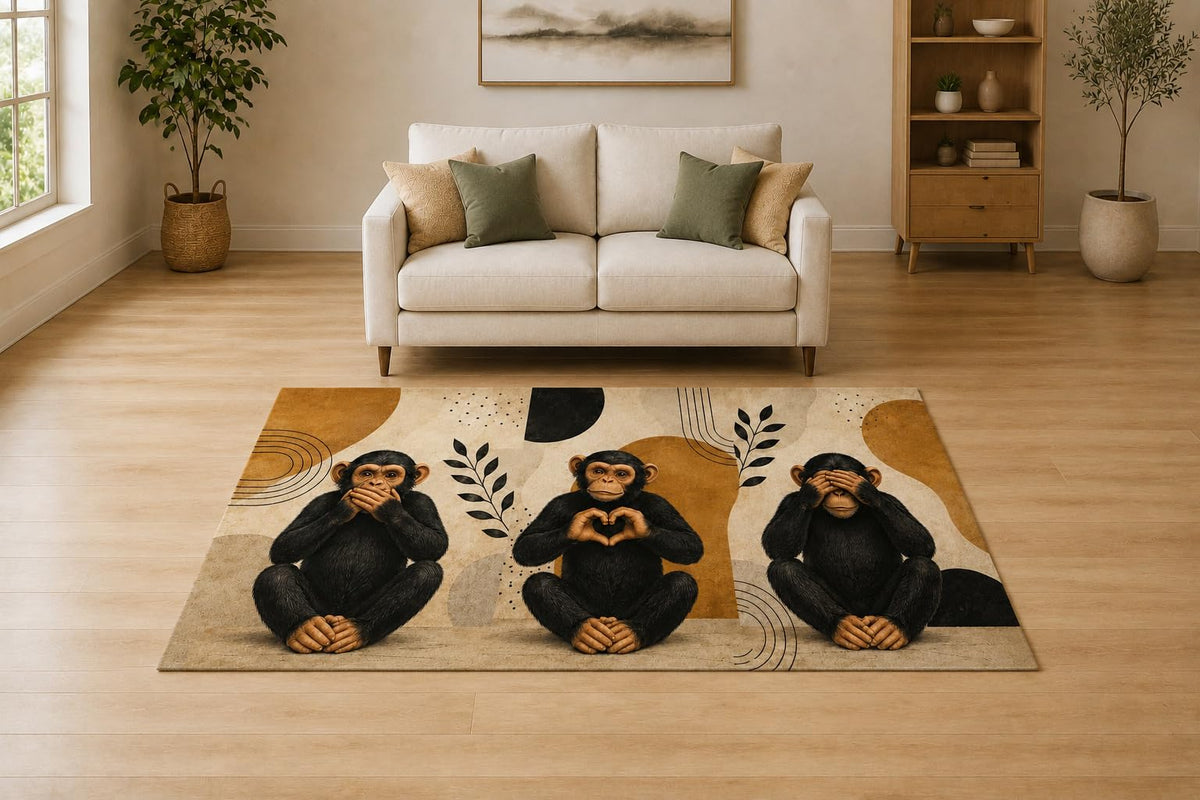 ICE ARMOR "Ultra Light Weight 5' x 7' Wise Monkey Gestures Area Rug for Living Room, Bedroom and Home Office, Soft Low Pile Carpet with Non-Slip Silicone Backing, Black and Beige