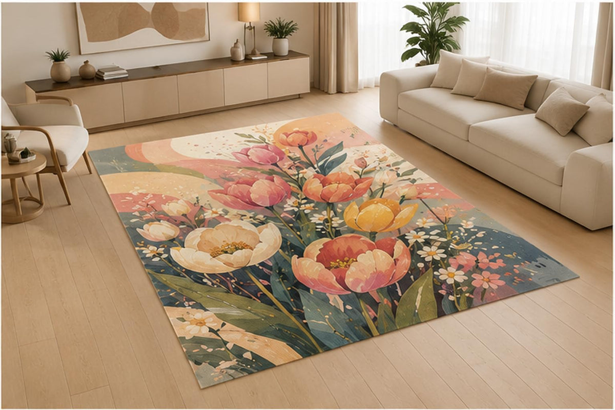 ICE ARMOR 5' x 7' Sunrise Wildflower Meadow Area Rug for Living Room, Soft Low Pile Indoor Rug with Non-Slip Silicone Backing, Decorative Carpet for Bedroom, Family Room, Office, Pink Yellow