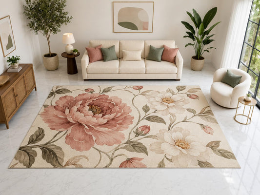 ICE ARMOR "Ultra Light Weight Large 6'7" x 9'10" Vintage Floral Rug, Soft Low Pile Indoor Rug, Non-Slip Silicone Backing for Living Room Beige Pink