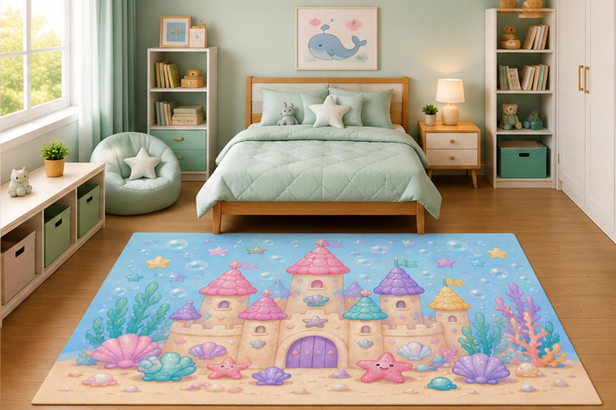 ICE ARMOR 5' x 7' Pastel Underwater Sandcastle Area Rug for Kids Bedroom Nursery Playroom Scandinavian Minimalist Ocean Beach Fantasy Decor Non-Slip Silicone Backing Low Pile
