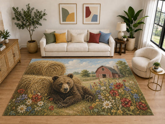 ICE ARMOR "Ultra Light Weight Large 6'7" x 9'10" Bear Hay Bale Barn Area Rug, Soft Low Pile Indoor Rug, Non-Slip Silicone Backing, Kids Room, Beige