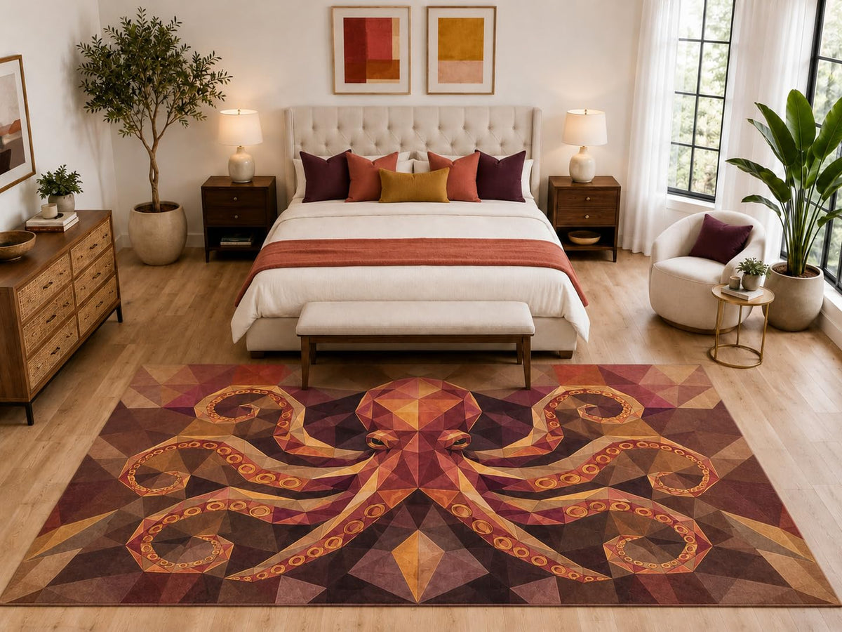 ICE ARMOR "Ultra Light Weight Large 6'7" x 9'10" Geometric Octopus Rug, Soft Low Pile Indoor Rug, Non-Slip Silicone Backing for Bedroom Brown
