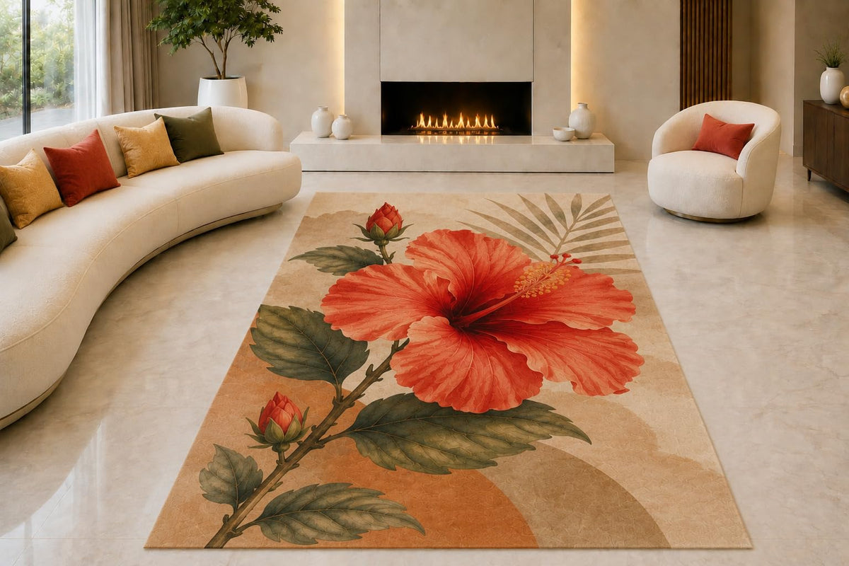 ICE ARMOR "Ultra Lightweight Large 6'7" x 9'10" Tropical Hibiscus Bloom Area Rug for Living Room, Bedroom and Home Office, Soft Low Pile Carpet with Non-Slip Silicone Backing, Red and Beige