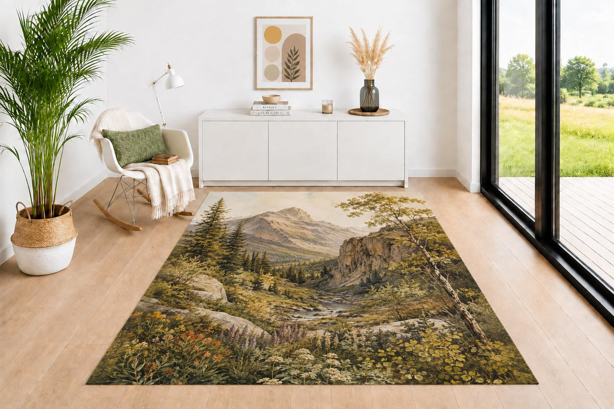 ICE ARMOR 5' x 7' Lakeside Floral Area Rug, Wildflowers Sunrise and Rolling Hills Pattern in Sage Green Beige Peach Mustard, Neutral Carpet for Living Room Bedroom Office Decor