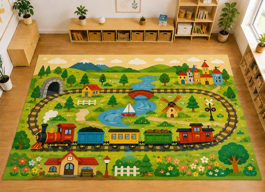 ICE ARMOR Large 6'7" x 9'10" Train Town Play Area Rug, Soft Low Pile Indoor Rug with Non-Slip Silicone Backing for Kids Room and Playroom, Green