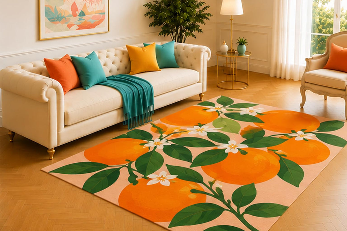 ICE ARMOR 5' x 7' Orange Blossom Area Rug, Modern Citrus Fruit and White Floral Botanical Design in Orange Green and Peach, Soft Low Pile Carpet for Living Room Kitchen Bedroom Decor