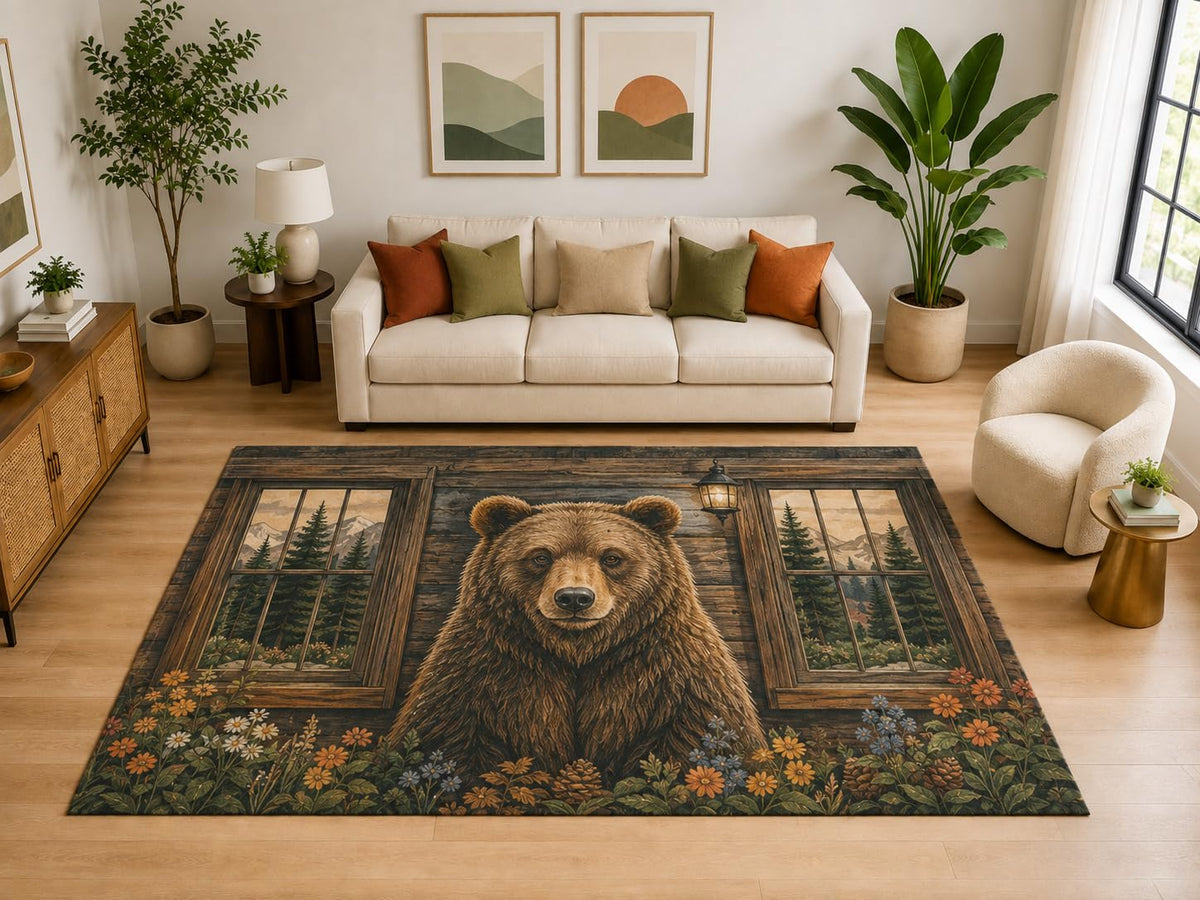 ICE ARMOR "Ultra Light Weight Large 6'7" x 9'10" Bear Cabin Window Rug for Bedroom, Soft Low Pile Indoor Rug and Non-Slip Silicone Backing, Brown