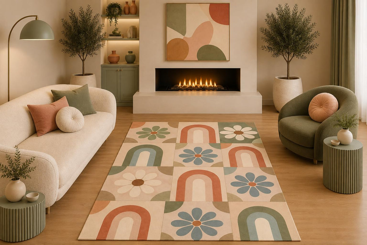 ICE ARMOR 5' x 7' Mid Century Modern Floral Rainbow Area Rug Retro Daisy Arch Pattern Cream Sage Terracotta for Living Room Bedroom Non-Slip Silicone Backing Low Pile
