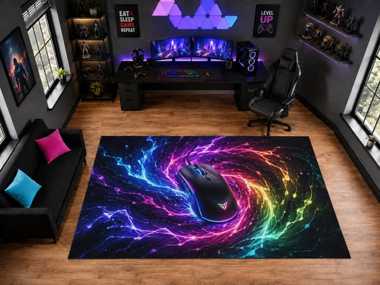 ICE ARMOR "Ultra Light Weight Large 6'7" x 9'10" Neon Gaming Mouse Swirl Area Rug for Playroom Decor, Soft Low Pile Indoor Rug with Non-Slip Silicone Backing, Black Multicolor