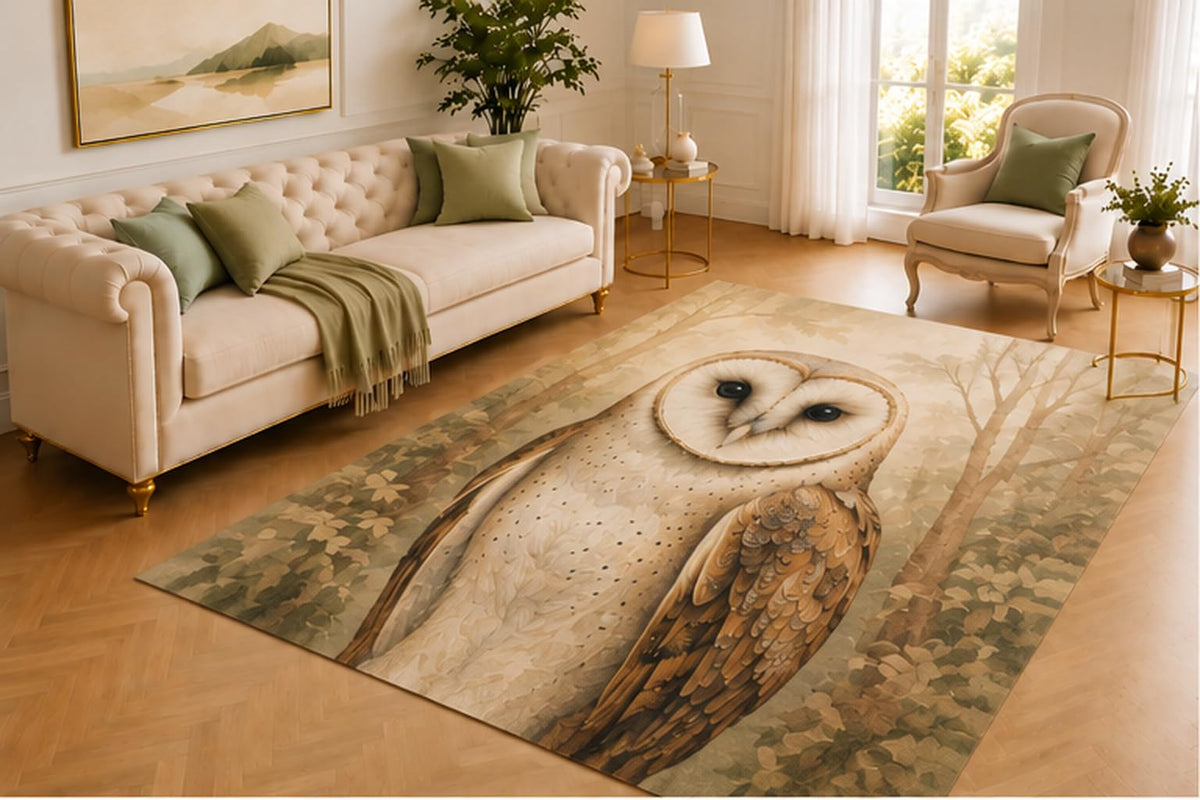 ICE ARMOR 5' x 7' Barn Owl Rug, Elegant White Owl in Woodland Art, Smooth Printed Floor Cover for Living Room, Bedroom, Study, Nursery and Nature Decor