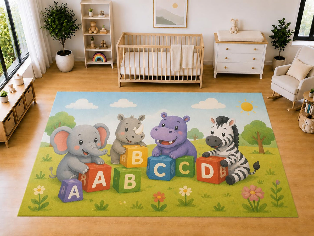 ICE ARMOR "Ultra Light Weight Large 6'7 x 9'10 Alphabet Blocks Safari Animals Area Rug for Kids Room Nursery Playroom Soft Low Pile Indoor Carpet Educational Floor Decor