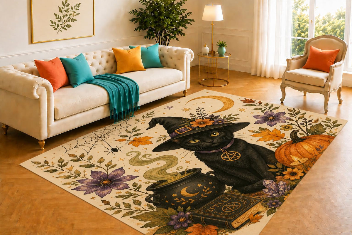 ICE ARMOR 5' x 7' Witch Cat Magic Rug, Potion Bottle Broom Moon Design, Charming Low Pile Carpet with Anti-Slip Underside for Kids Bedroom, Study and Game Room