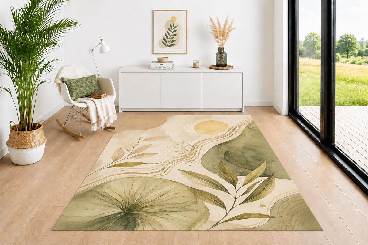 ICE ARMOR 5' x 7' Boho Area Rug, Palm Fan Leaf and Earth Tone Pattern in Sage Green Beige Terracotta Mustard, Neutral Floor Carpet for Living Room Bedroom Office Entryway Decor
