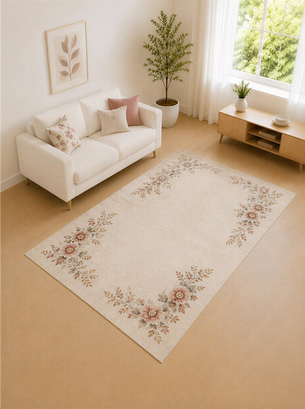 ICE ARMOR "Ultra Lightweight 5' x 7' Cream and Peach Blossom Corner Area Rug for Living Room, Bedroom and Home Office, Soft Low Pile Carpet with Non-Slip Silicone Backing