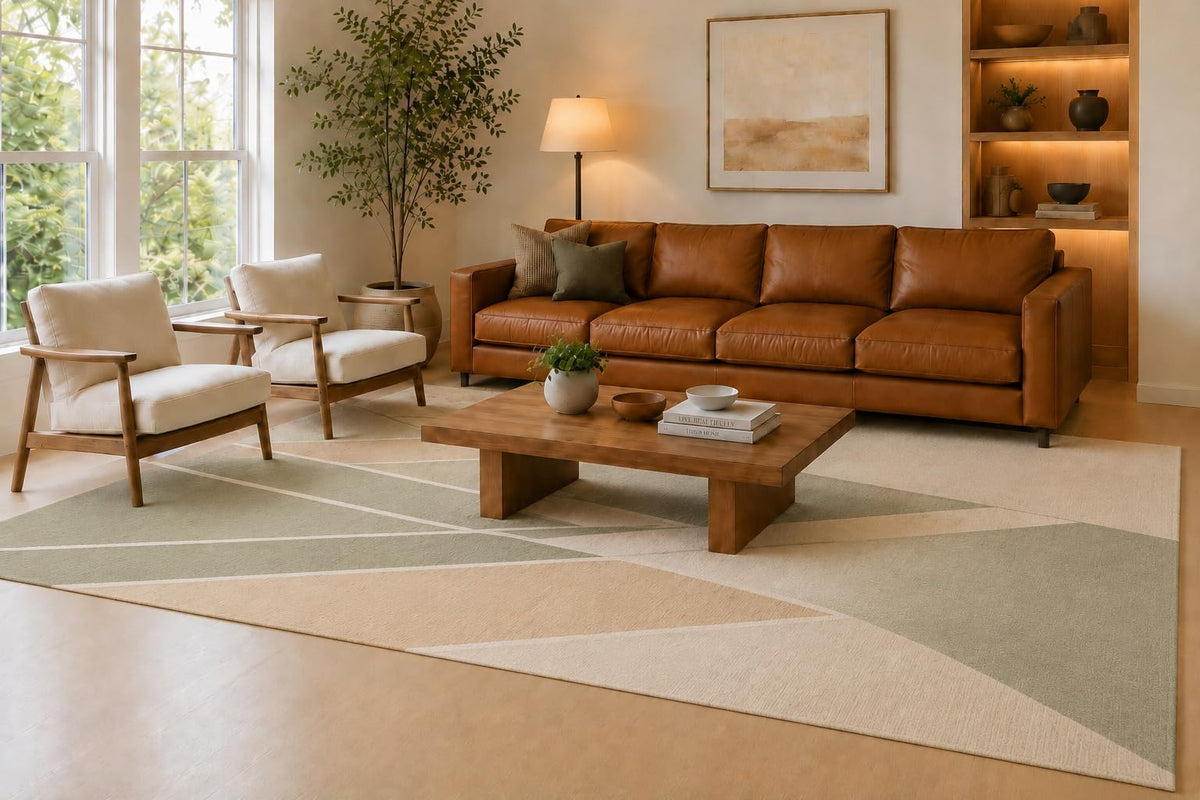 ICE ARMOR Large 6'7" x 9'10" Olive Green and Cream Diamond Line Area Rug for Living Room, Soft Low Pile Carpet with Non-Slip Silicone Backing, Floor Decor for Bedroom, Dining Area and Home Office